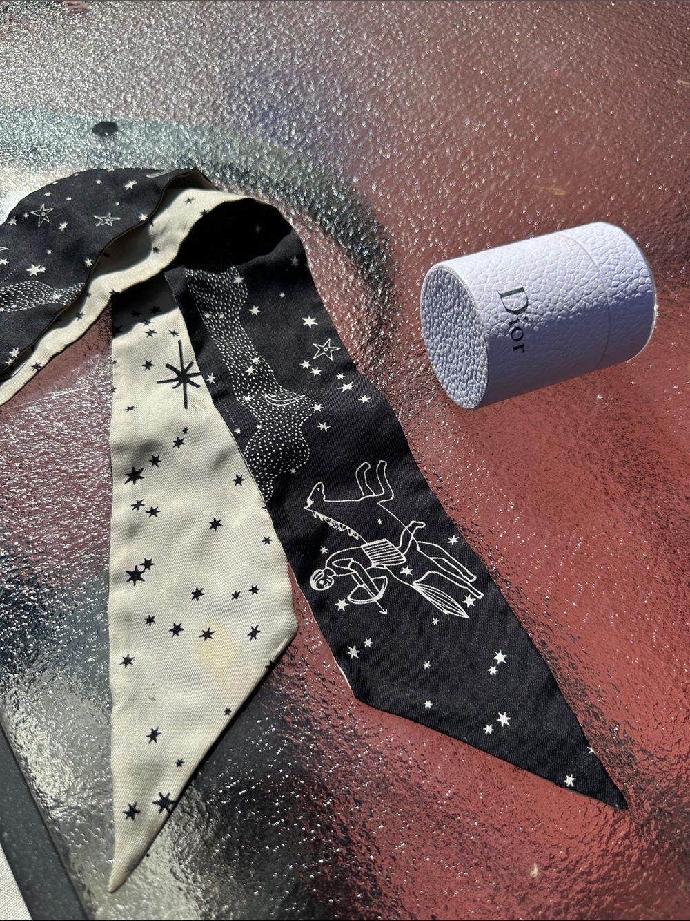 Dior Two-Tone Star & Celestial Print Twilly Scarf